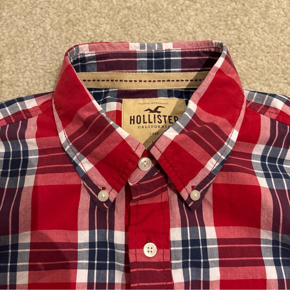 Hollister Red Checkered Plaid Short Sleeve Button Up Shirt Mens Size XL - Picture 6 of 12